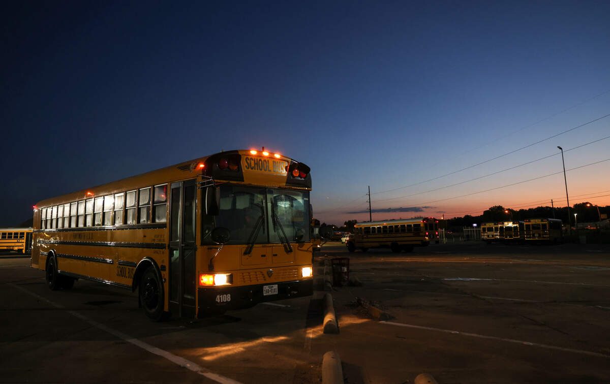 Buses prepare for the start of the first day of school at the Fort Worth ISD bus barn on Monday, Aug. 10, 2026.